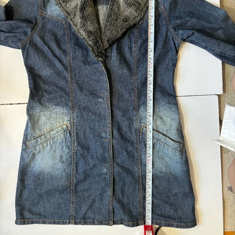 90s Denim Faux fur collard Jean jacketed Y2k vintage - Picture 2 of 8